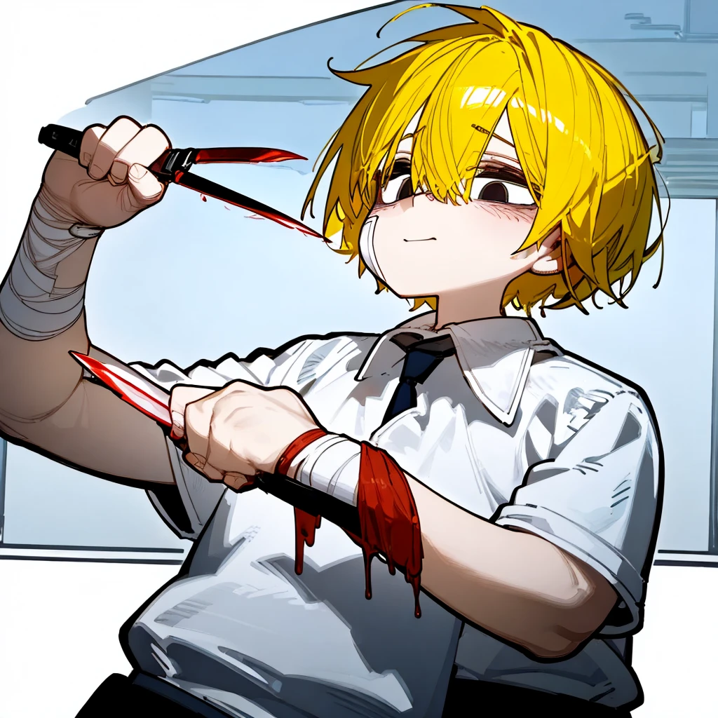 A man with yellow hair, mental issue, with lots of blood!!!!!!, wear a shabby white shirt, Night time, holding a knife , terrifying 