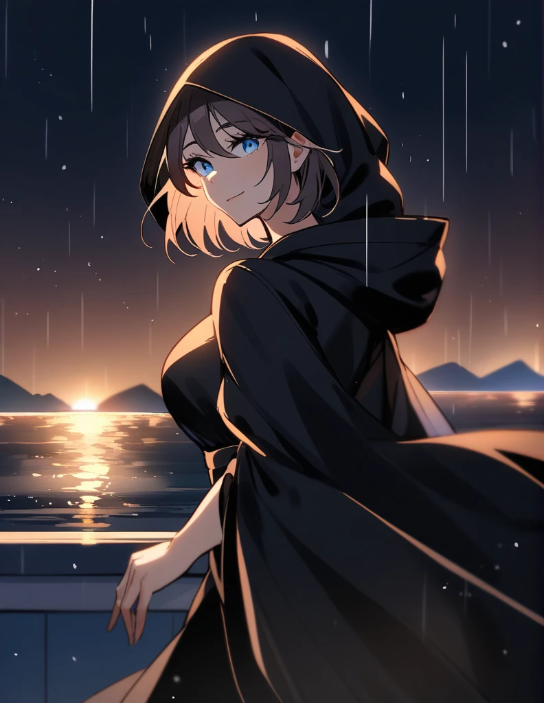 Mysterious Greek milf woman with short hair, wearing a hood in a long black robe, with dazzling blue eyes, reaching out while making a proposal, on a rainy night with the endless thundering ocean in the background