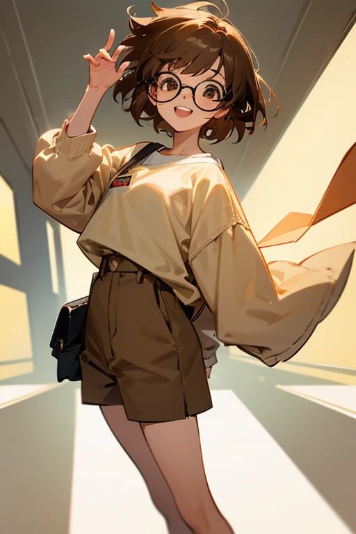 A girl, brown short hair, brown eyes, she is wearing glasses closed her YouTube channel, laughing happily