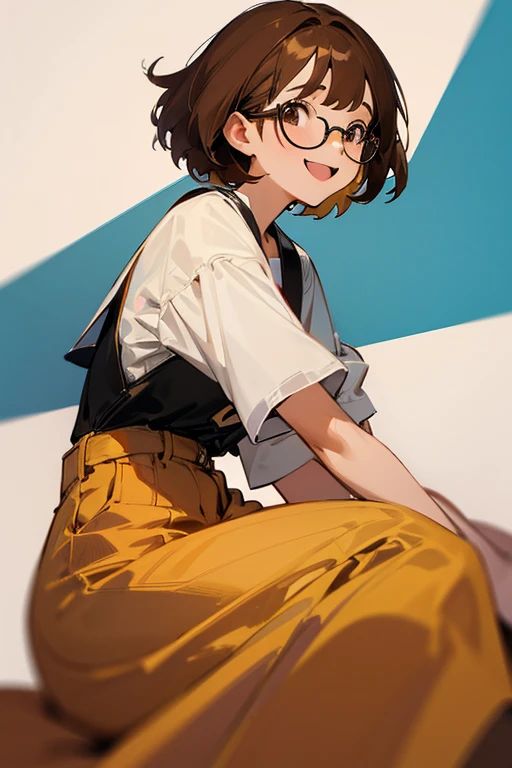 A girl, brown short hair, brown eyes, she is wearing glasses closed her YouTube channel, laughing happily