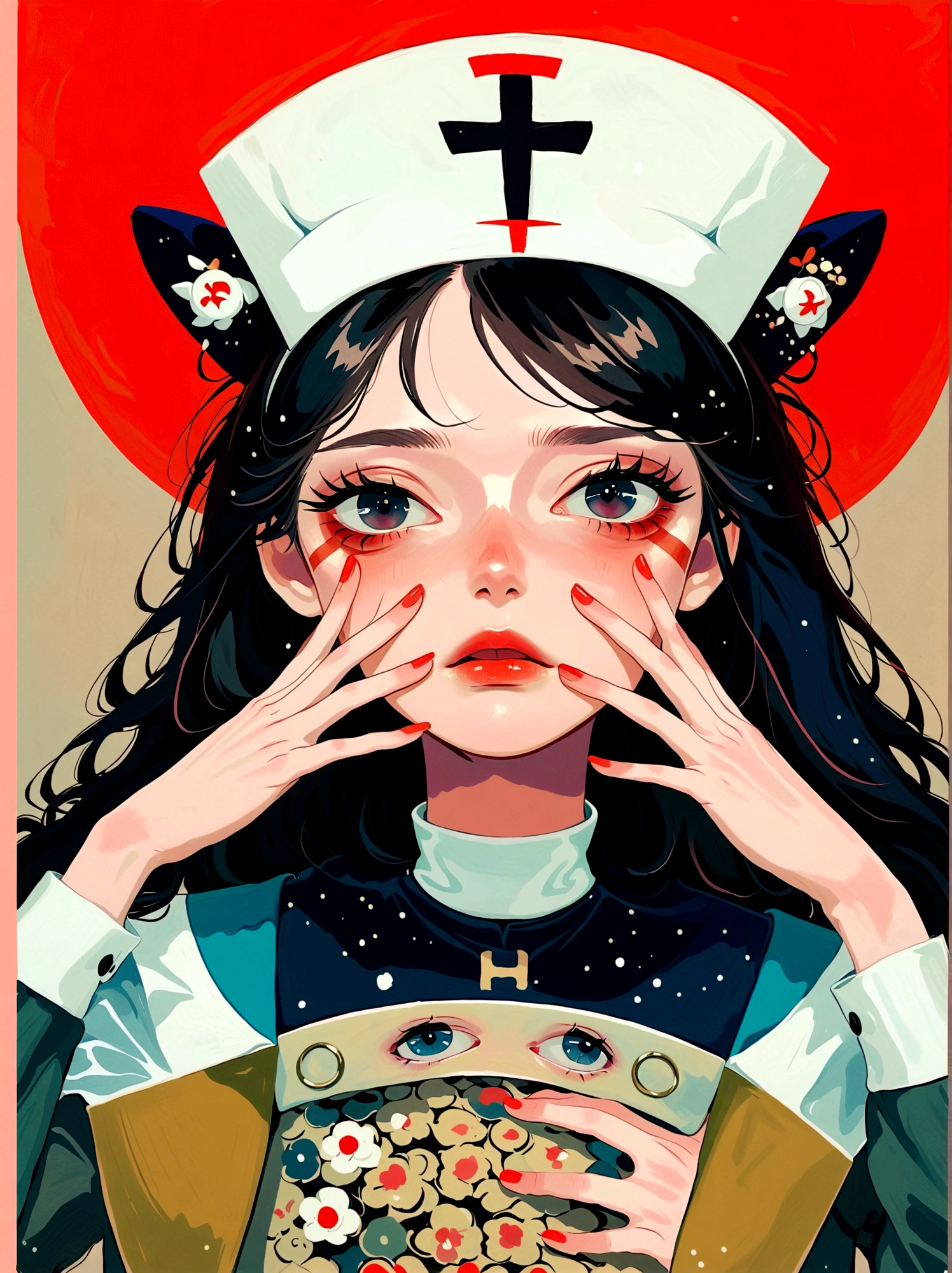 Anime style,Nurse,A woman with her hands on her face, Japan fear