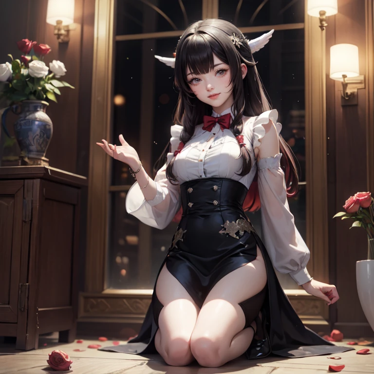 Columbina_(genshin impact), white roses, ornament hair, roses on her hair, maid, maid dress, maid headdress, maid apron, black hair, pink hair, long hair, seat on the throne, chinese home style, Chinese maid dress, white dress, more details on her clothes, golden details, night, smiling, coat, white shoes, white socks on her knees, upper body portrait, 1 girl,
