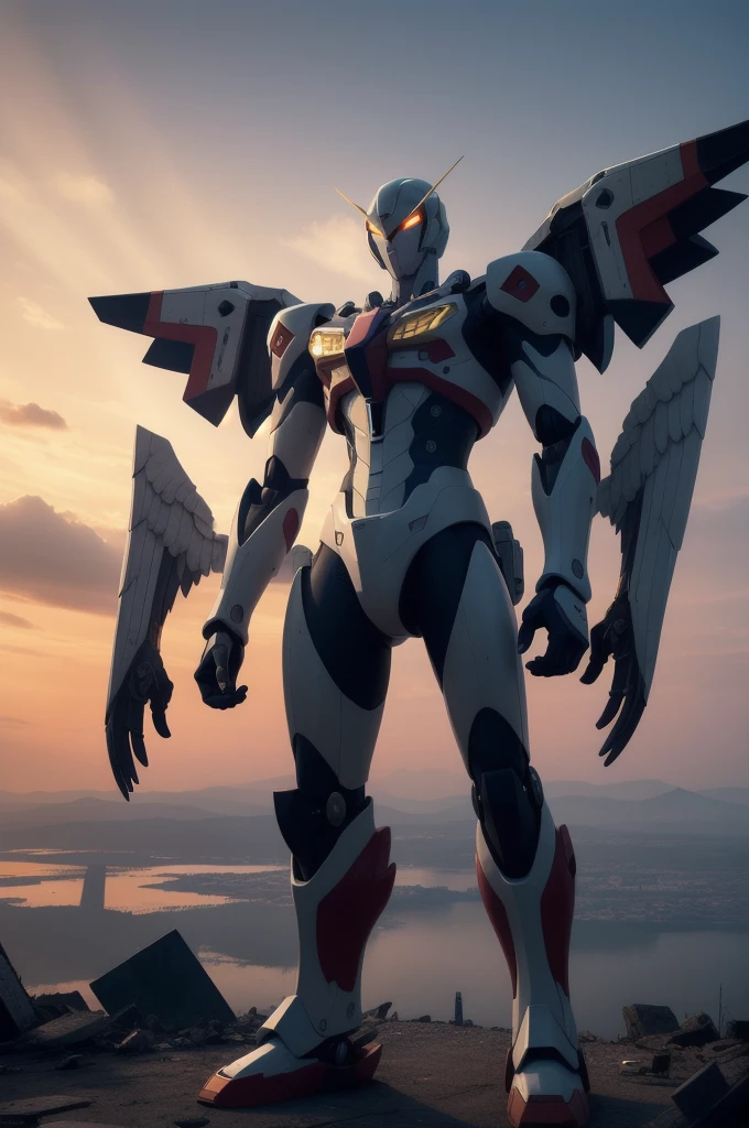 A giant mecha angel from neon genesis evangelion in the middle of a ruined city, fractal-like, dark mood, atmospheris, horror, The ultra -The high-definition、8K UHD、masterpiece