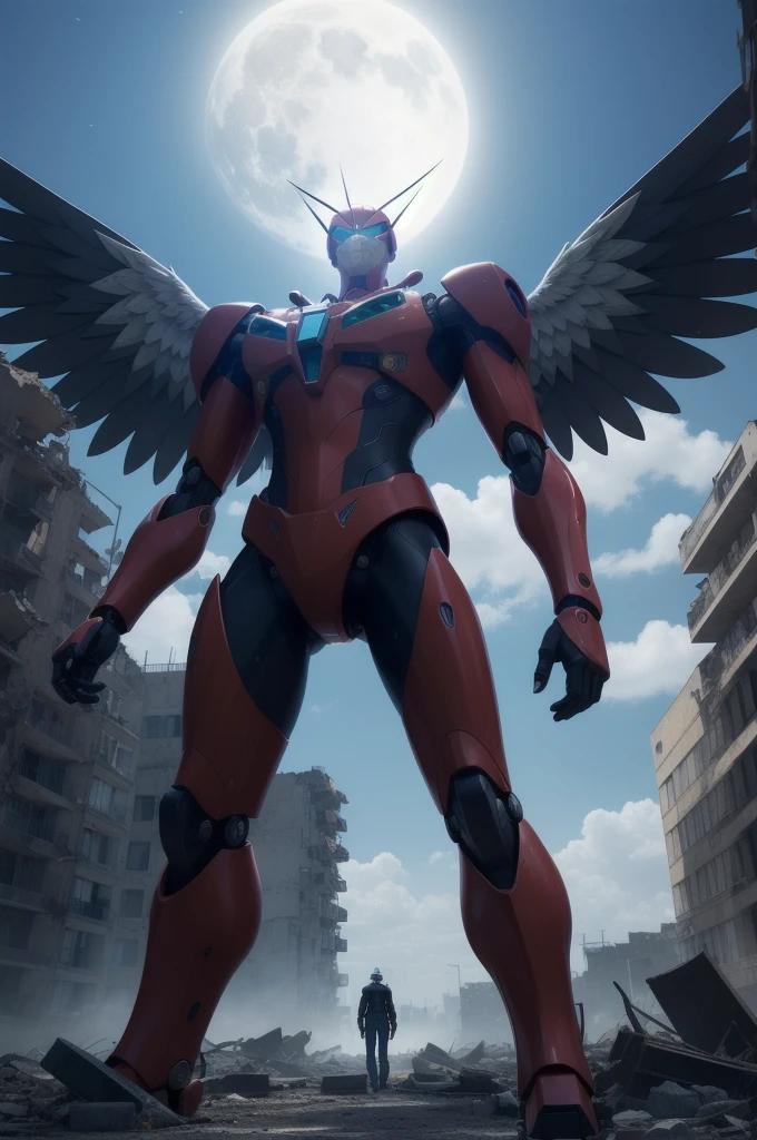 A giant mecha angel from neon genesis evangelion in the middle of a ruined city, fractal-like, dark mood, atmospheris, horror, The ultra -The high-definition、8K UHD、masterpiece