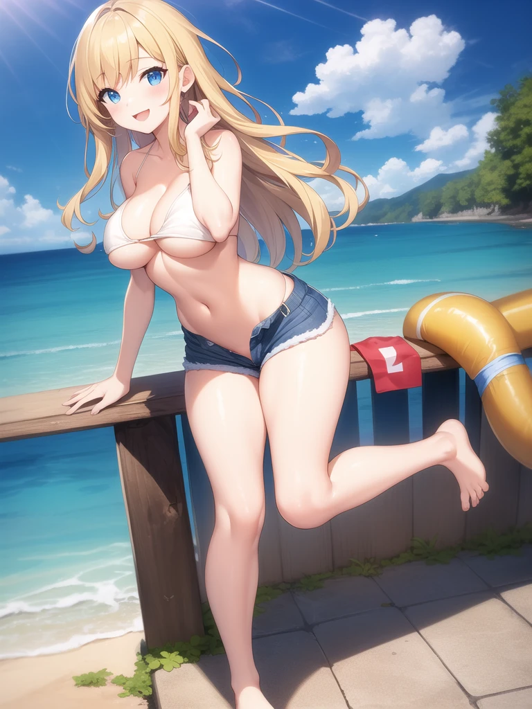girl,(masterpiece,Highest quality),Street,(Completely naked),Bare shoulders、Gal、Blonde、smile、passionate、Swimwear,long hair、(Underboob),Big Breasts,Cleavage,Mini Camisole、looking at the camera、shoes、Micro Mini Denim Shorts(Open button),solo、Are standing、barefoot,