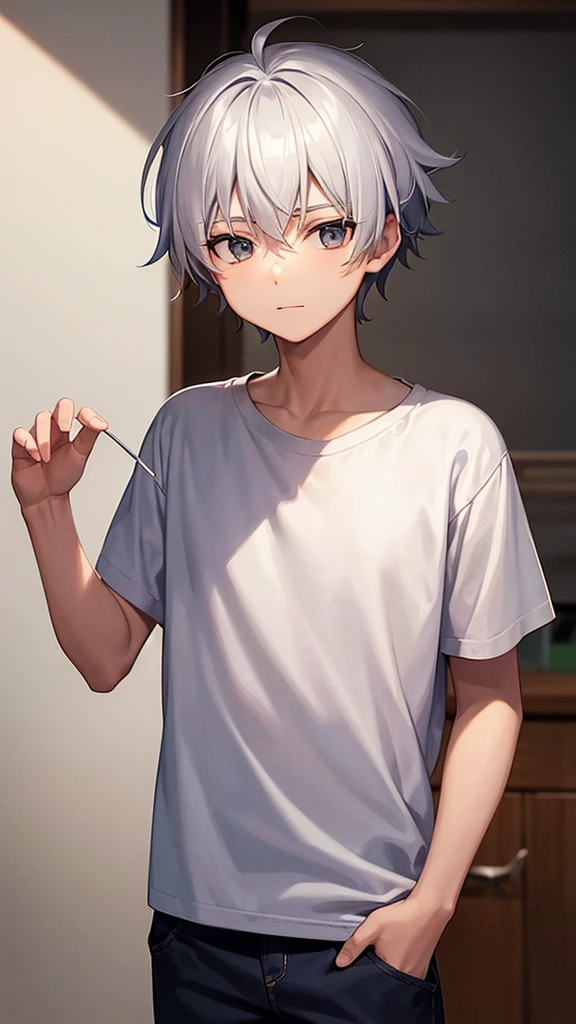a 14 year old boy with white hair wearing a t-shirt 