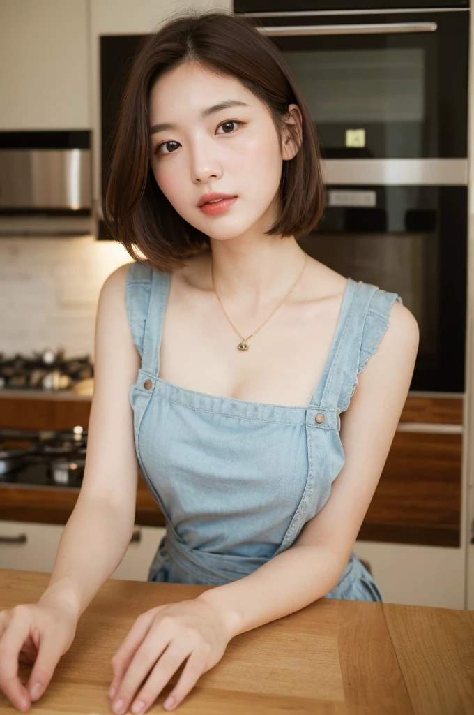 (Highest quality, 8K, masterpiece: 1.3), Beautiful woman with perfect figure: 1.4, Dark brown hair, Wearing a pendant, Wearing an apron, In the kitchen, Highly detailed face and skin, Fine grain, double eyelid, Big Breasts