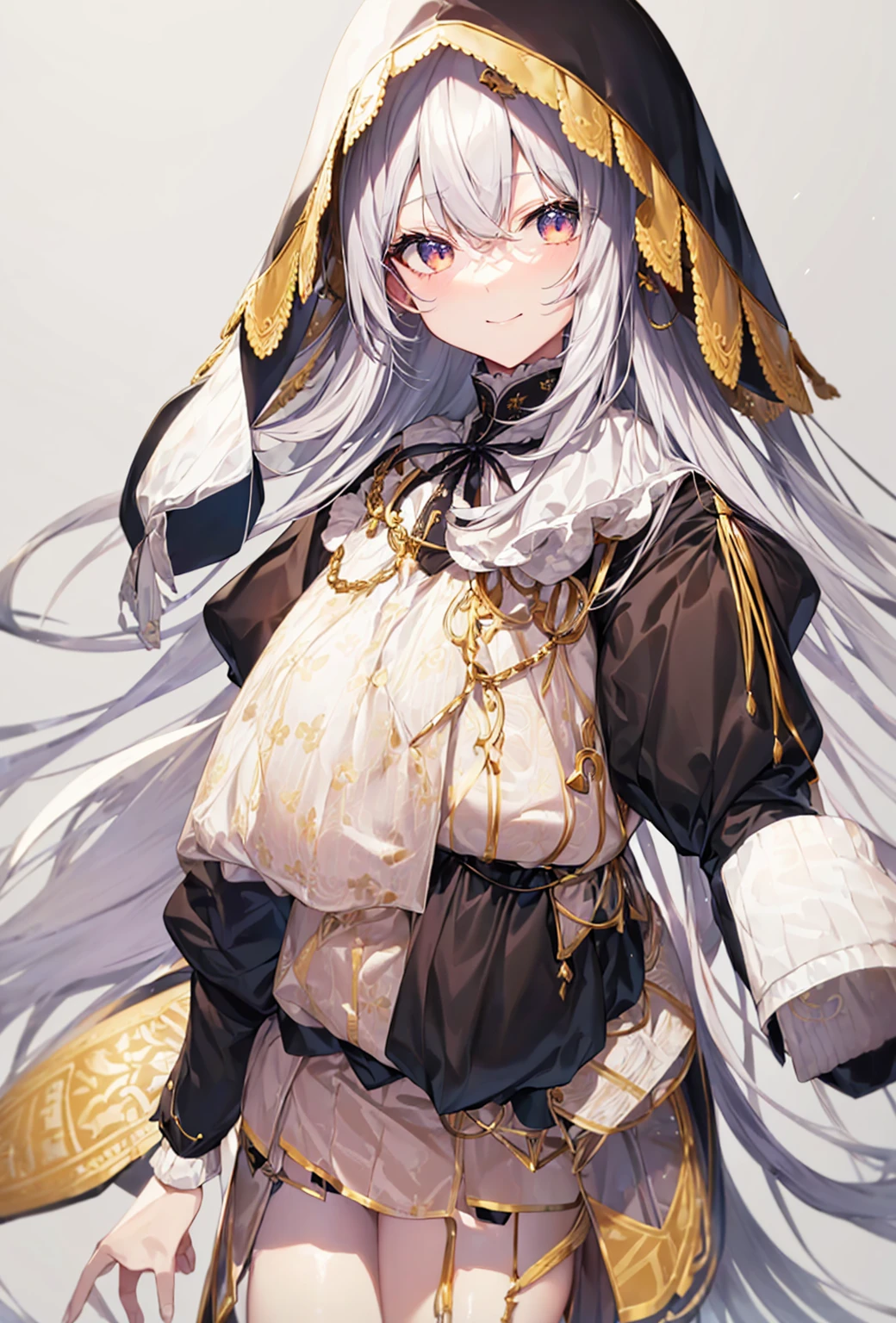 ((Highest quality)), ((masterpiece)), ((Very detailed)), (Very mature),A cute high school girl with a gentle look, white hair and about 165cm tall.，A female high school student with big breasts and a cute smile wearing a transparent black waifus with a cute patterned hood that shows off her shoulders, 顔が若干縦方向に長いbright笑顔の女性，Small Faced Woman，alone, Cute attitude,(background(bright)，Long Hair - Straight，Knee-high socks、A transparent white veil with a cute pattern and a hood with white off-the-shoulders，White wall、Sitting、Facing the viewer、縁に模様がある壁が1面のbackground
