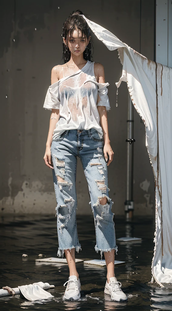 Best image quality, masterpiece, Ultra-high resolution, (Honesty:1.4), photo, 1 girl, White shirt, Ragged jeans, White sneakers, dim, dark, despair, Pity, poor, , Tears, Teardrop, (The clothes are torn:1.5), (Wet clothes:1.4), Bare shoulders, Real rain, Wet hair,..