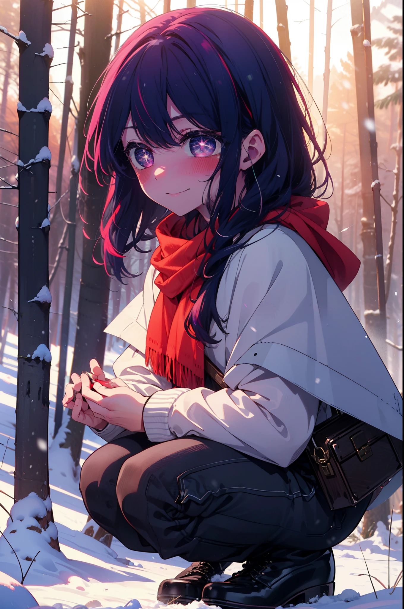 aihoshino, Ai Hoshino, Long Hair, bangs, (Purple eyes:1.1), Purple Hair, (Symbol-shaped pupil:1.5), smile,,smile,blush,White Breath,
Open your mouth,snow,Ground bonfire, Outdoor, boots, snowing, From the side, wood, suitcase, Cape, Blurred, , forest, White handbag, nature,  Squat, Mouth closed, Cape, winter, Written boundary depth, Black shoes, red Cape break looking at viewer, Upper Body, whole body, break Outdoor, forest, nature, break (masterpiece:1.2), Highest quality, High resolution, unity 8k wallpaper, (shape:0.8), (Beautiful and beautiful eyes:1.6), Highly detailed face, Perfect lighting, Highly detailed CG, (Perfect hands, Perfect Anatomy),