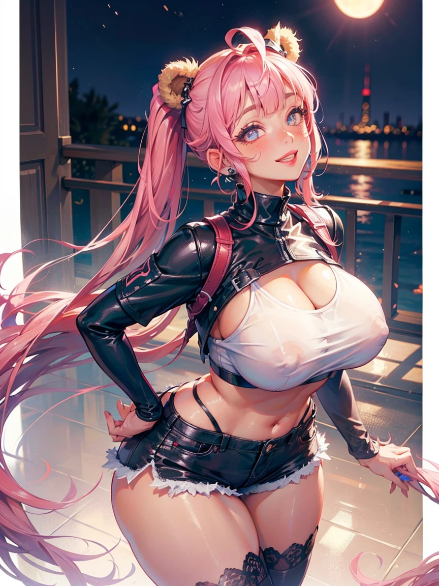 (((1girl))), (red hair), (extremely long hair), (curly hair), (ahoge), (blunt bangs), (twin pigtails), ((((dark skin)))), ((moonlight eyes)), ((vibrant eyes)), (accentuated super huge enormously gigantic , cleavage showing), (thick thighs), ((thick lips)), ((wide hips)), (thighhighs), (short shorts), ((pink)), ((lace)), ((long eyelashes)), super detailed, ((best quality)), highres, UHD, textured skin, (indoor)), luxurious bedroom, ((holding stuffed animal)), (((sexy seductive smile))), ((smug)), full of lights, Real Human, huge tit, ((bear ears)), ((((looking up)))), ((looking at viewer)), ((crop top t-shirt, short shorts)), ((tattoo sleeves and piercings)),