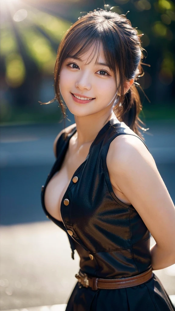 (highest quality,masterpiece:1.3,ultra high resolution),(Super detailed,caustics,8k),(photorealistic:1.4,RAW shooting),1 girl,(smile and look down at the camera),(front shot:1.1),(face forward),18-year-old,cute,Japanese,black short ponytail,,glamorous,(big boobs),( close up),(breast focus),street,sunshine,Natural light,(Backlight),(A bright light shines from behind),(Lens flare),professional writing,(cowboy shot),(low position:1.2),(Low - Angle:1.2)