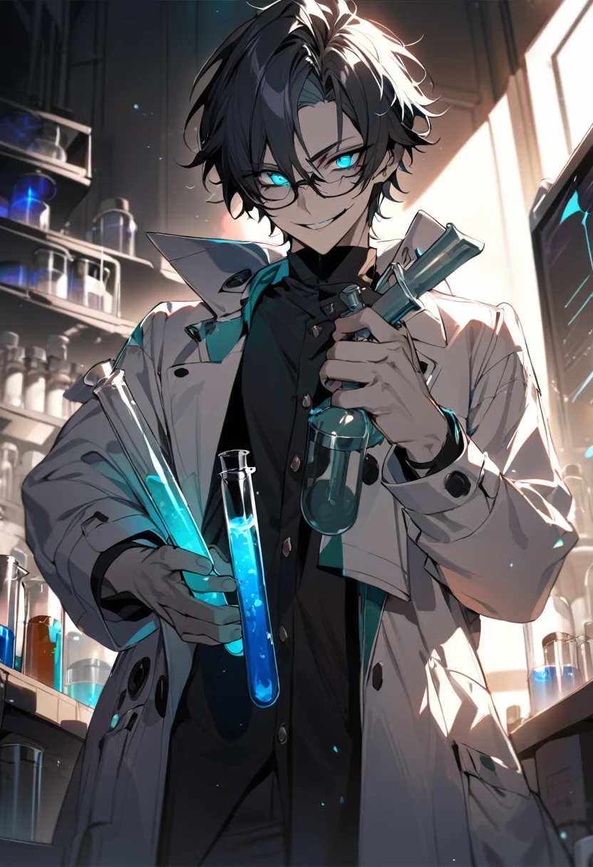 (masterpiece, best quality), detailed face, solo, 1man, messy short hair, bishounen, mad scientist, scientist coat, glasses, lens flare, maniacal smile, sharp eyes, glowing eyes, holding science test tube, in laboratory, dark shadows, contrast, science, sinister
