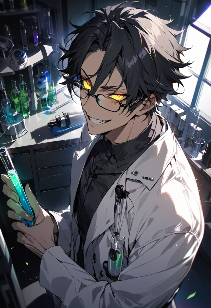 (masterpiece, best quality), detailed face, solo, 1man, messy short hair, bishounen, mad scientist, scientist coat, glasses, lens flare, maniacal smile, sharp eyes, glowing eyes, holding science test tube, in laboratory, dark shadows, contrast, science, sinister