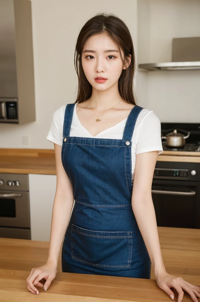 (Highest quality, 8K, masterpiece: 1.3), Beautiful woman with perfect figure: 1.4, Dark brown hair, Wearing a pendant, Wearing an apron, In the kitchen, Highly detailed face and skin, Fine grain, double eyelid, Big Breasts