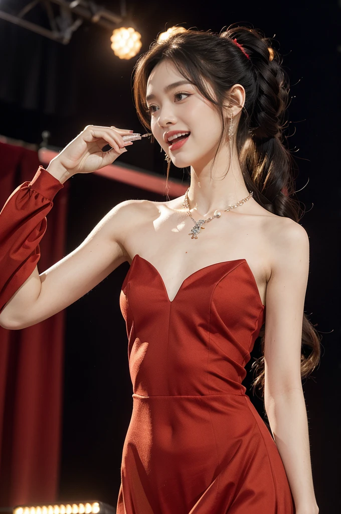 (((best quality))),(((ultra detailed))),(((masterpiece))),illustration, 1girl,singer,solo,short ponytail,open mouth,laughing,slim,thin,flat chest,small breasts,earrings,necklace,Maxi gorgeous sparkled red gown,slender legs,on the stage, performance, passion, confidence, elegance, lighting effects, decorations, audience, melodious voice, beautiful appearance, captivating performance,standing,upper body,from front