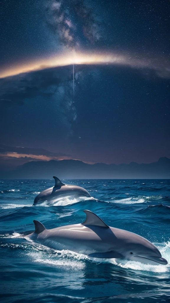 Scenery of a large dolphin show in the sea with a beautiful starry sky
