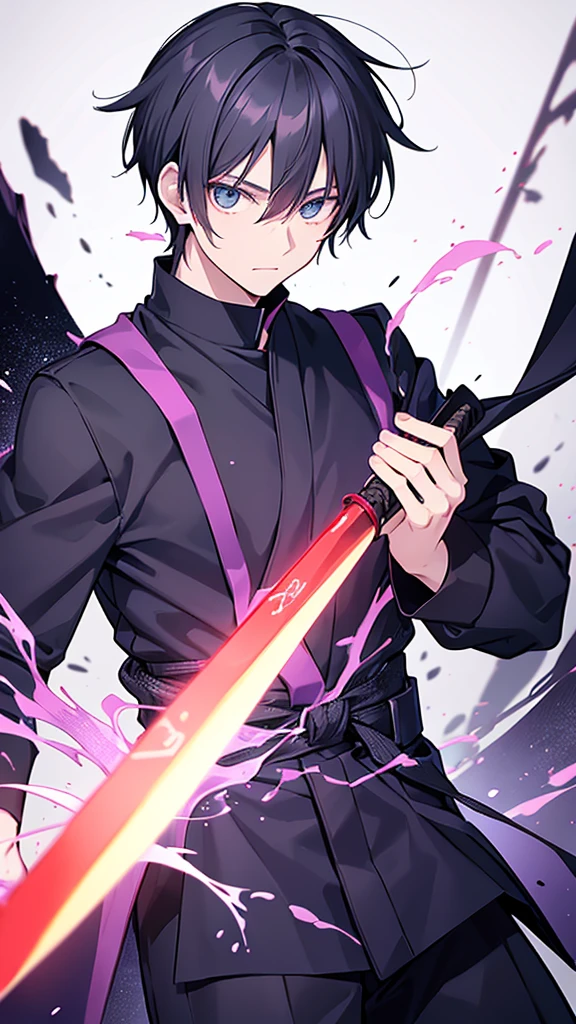 create a black Jujutsu no kaisen manga style image with a young male character extremely similar to Gaku from the Sakamoto Days manga, ele tem cabelo curto fe cor ciano claro e um capuz azul escuro quase preto, e olhos pretos, He wears red earrings and he is holding a heavy sword, he is extremely handsome and stylish, a imagem detalha bem ele, he is anime style.