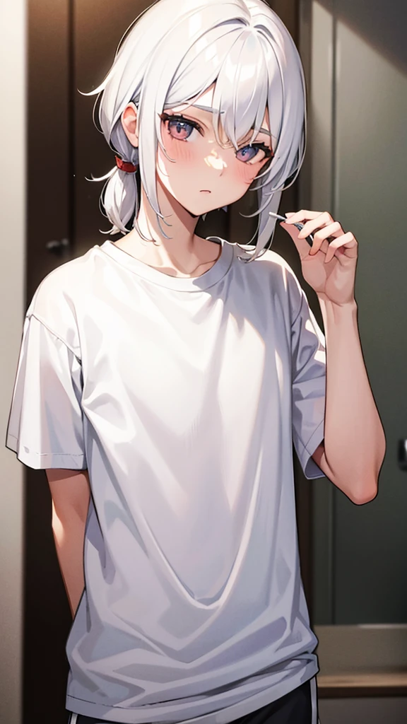 a 14 year old boy with white hair wearing a t-shirt 