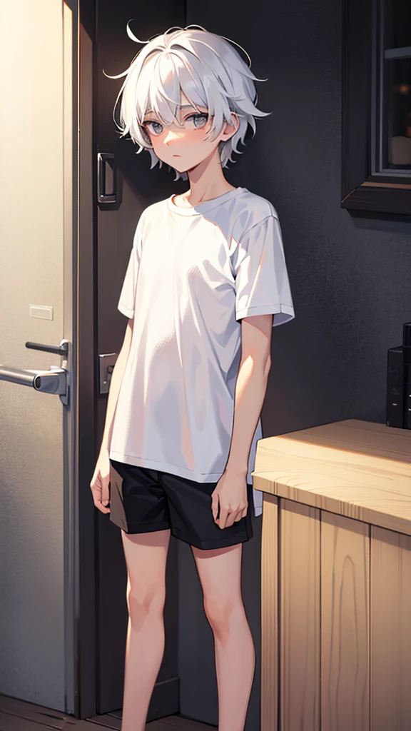 a 14 year old boy with white hair wearing a t-shirt