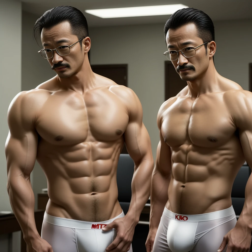 40 years old，Hidetoshi Nakata，（Kogoro Mori 1.3），Two muscular men in the office，whole body，Glasses，White underwear，Topless，Densely hairy，Fortitude，HD，With a mustache，