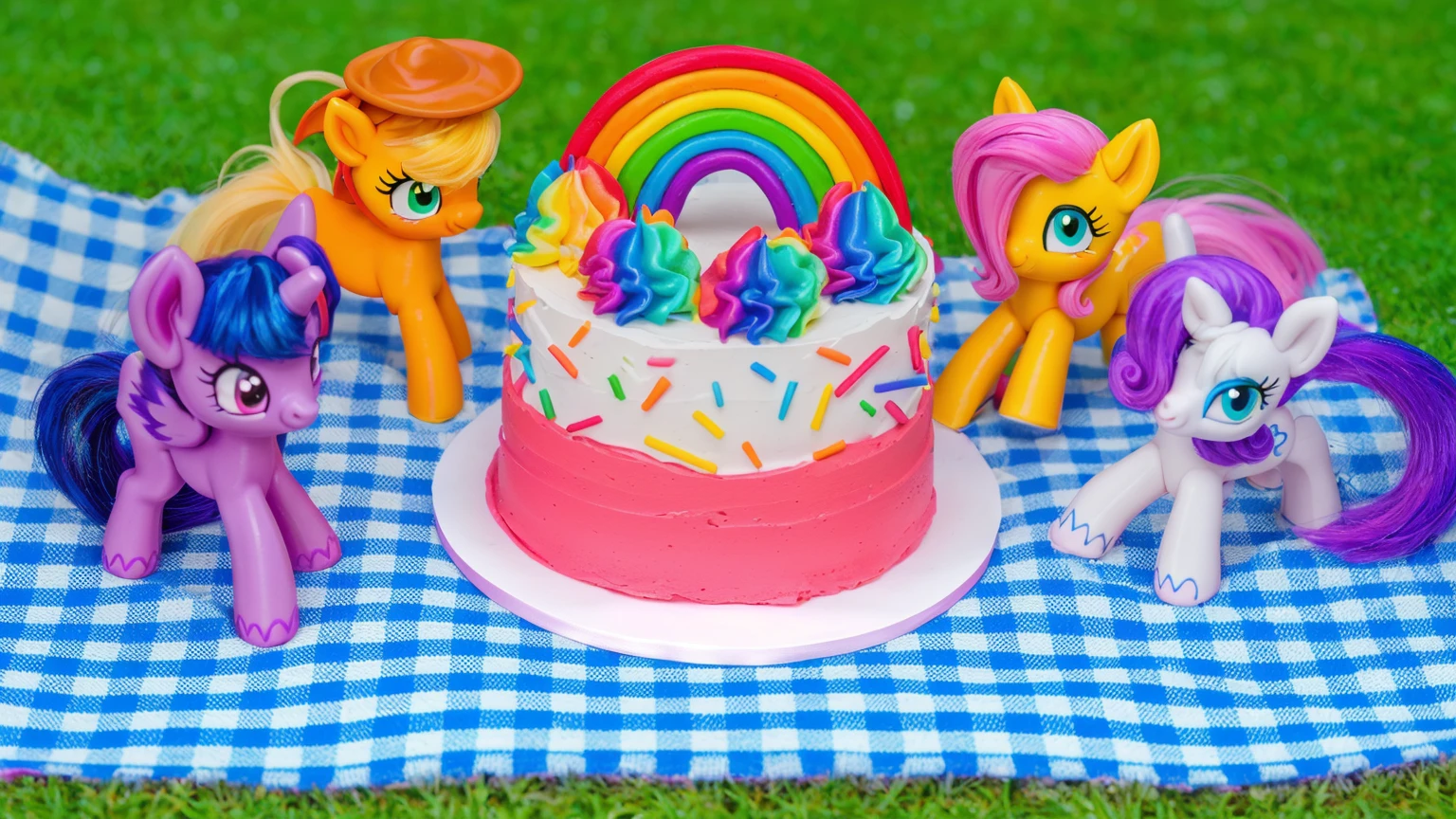 on the grass, on a pink checkered tablecloth. there is a white plate with cake, white and pink cream cake, Rainbow confectionery powder on the cake, top rainbow gradient cream, polymer clay rainbow, рядом стоят пластиковые pony toys из мультфильма My Little Pony, pony toys, purple pony with wing and horn, orange pony with hat and yellow hair, yellow pony with pink hair and wing, white pony with purple hair and horn.  beautiful light, sunlight, sunny day, beautiful lighting, bright announcement, several light sources, Realistic style, realistic textures, high quality, high detail, detailed texture, ultra 4k hd