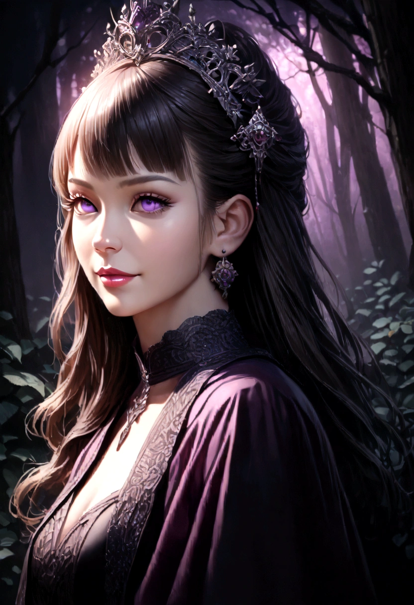 A beautiful girl in a purple glowing forest, (Kanao,1girl), beautiful smile, looking directly at camera, extremely detailed face and eyes, detailed lips, long eyelashes, graceful expression, (best quality,4k,8k,highres,masterpiece:1.2), ultra-detailed, (realistic,photorealistic,photo-realistic:1.37), highly detailed forest, glowing purple trees, dramatic lighting, fantasy, cinematic