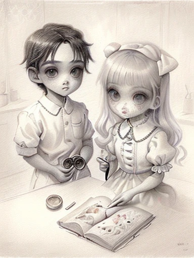 painting of a boy and girl with a magnifying glass, by Alice Prin, childrens illustration, children's illustration, children illustration, boy and girl, by Yuko Tatsushima, by Kathleen Guthrie, by Maggie Hamilton, added detail, by Amelia Peláez, inspired by George Grosz, by Judith Brown, crayons and watercolor sketch, chucky style