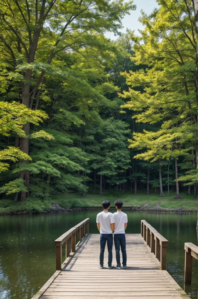 create a couple that consists of two men. The first is  and comes from Japan. He is thinner and smaller than the second and has a cute face. The second is 26 years old and Korean. He looks grown-up and good and is muscular. The two should stand together and hug each other in some way. They are standing or sitting on a jetty by a small, beautiful lake. The weather is good and the sun is shining.