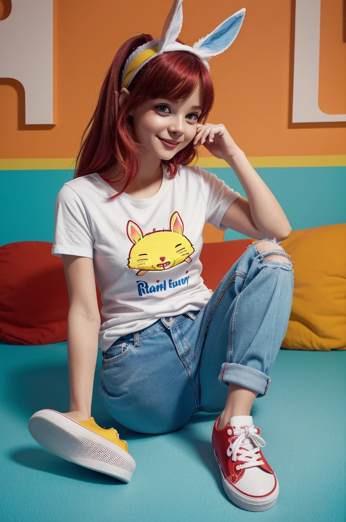 A cute cartoon character of a baby rabbit ,body colour white ,wearing yellow T-shirt and blue jeans and wearing red shoe ,a text writing on T-shirt is Banny in red colour,in the style of a Pixar or animated film, with detailed textures and lighting, vibrant colors, and a whimsical, lighthearted tone.