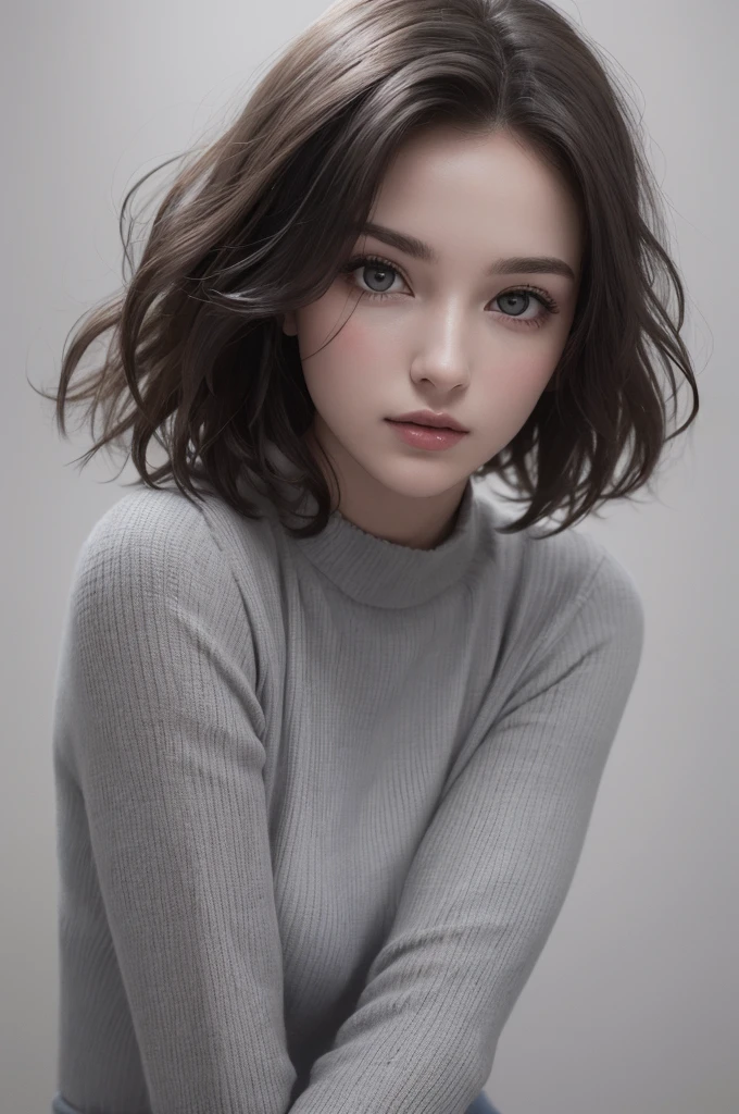 8K Ultra HD、RAWphotograph、モデルphotograph撮影、 European Fashion、(masterpiece、Highest quality、Realistic、High resolution、photograph:1.3)、close、focus on、Hot Model、slim、30 year old mature woman、Small face、No makeup、short hair、Beautiful dark brown Hayne eyes、Genuineスキン、(Perfect body)、Sexy hot face、erotic、sexual sight、slim、dress、Long sleeve、Beautiful eyes in every detail、Glossy lips、Small breasts、Small breasts、((Bright light、Dynamic Lighting、Genuine、超Genuine、 realism、Genuineなディテール、Cool Beauty、Cool pose、Background gray、Plain gray background