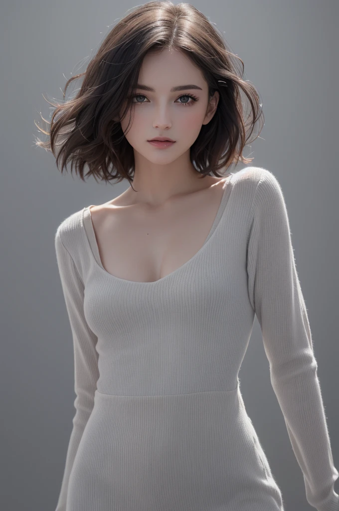8K Ultra HD、RAWphotograph、モデルphotograph撮影、 European Fashion、(masterpiece、Highest quality、Realistic、High resolution、photograph:1.3)、close、focus on、Hot Model、slim、30 year old mature woman、Small face、No makeup、short hair、Beautiful dark brown Hayne eyes、Genuineスキン、(Perfect body)、Sexy hot face、erotic、sexual sight、slim、dress、Long sleeve、Beautiful eyes in every detail、Glossy lips、Small breasts、Small breasts、((Bright light、Dynamic Lighting、Genuine、超Genuine、 realism、Genuineなディテール、Cool Beauty、Cool pose、Background gray、Plain gray background