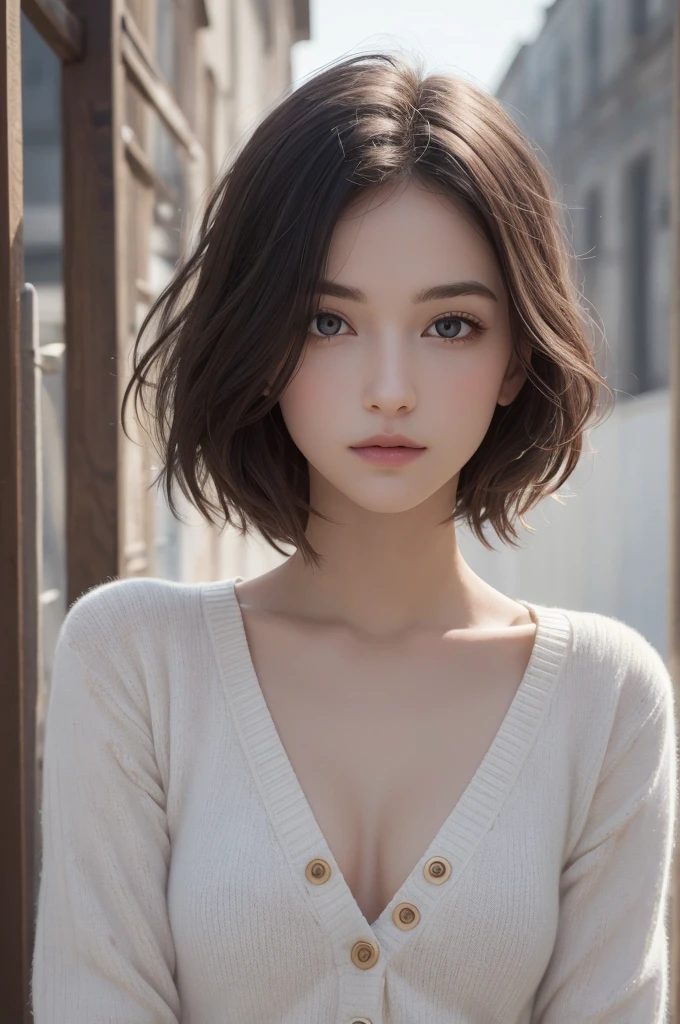 8K Ultra HD、RAWphotograph、モデルphotograph撮影、 European Fashion、(masterpiece、Highest quality、Realistic、High resolution、photograph:1.3)、close、focus on、Hot Model、slim、30 year old mature woman、Small face、No makeup、short hair、Beautiful dark brown Hayne eyes、Genuineスキン、(Perfect body)、Sexy hot face、erotic、sexual sight、slim、cardigan、Long sleeve、Button up,Beautiful eyes in every detail、Glossy lips、Small breasts、Small breasts、((Bright light、Dynamic Lighting、Genuine、超Genuine、 realism、Genuineなディテール、Cool Beauty、Cool pose、Background white、Plain white background