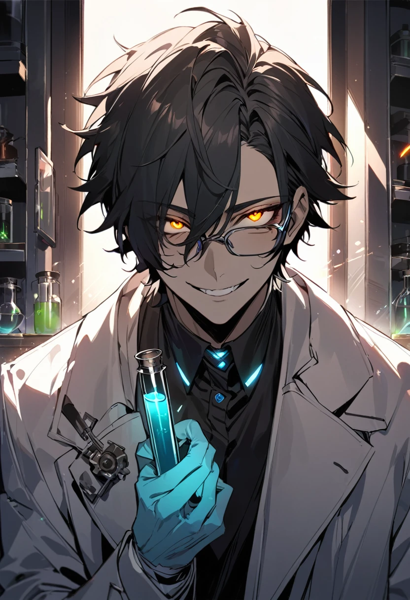 (masterpiece, best quality), detailed face, solo, 1man, messy short hair, bishounen, mad scientist, scientist coat, glasses, lens flare, maniacal smile, sharp eyes, glowing eyes, holding science test tube, in laboratory, dark shadows, contrast, science, sinister, portrait
