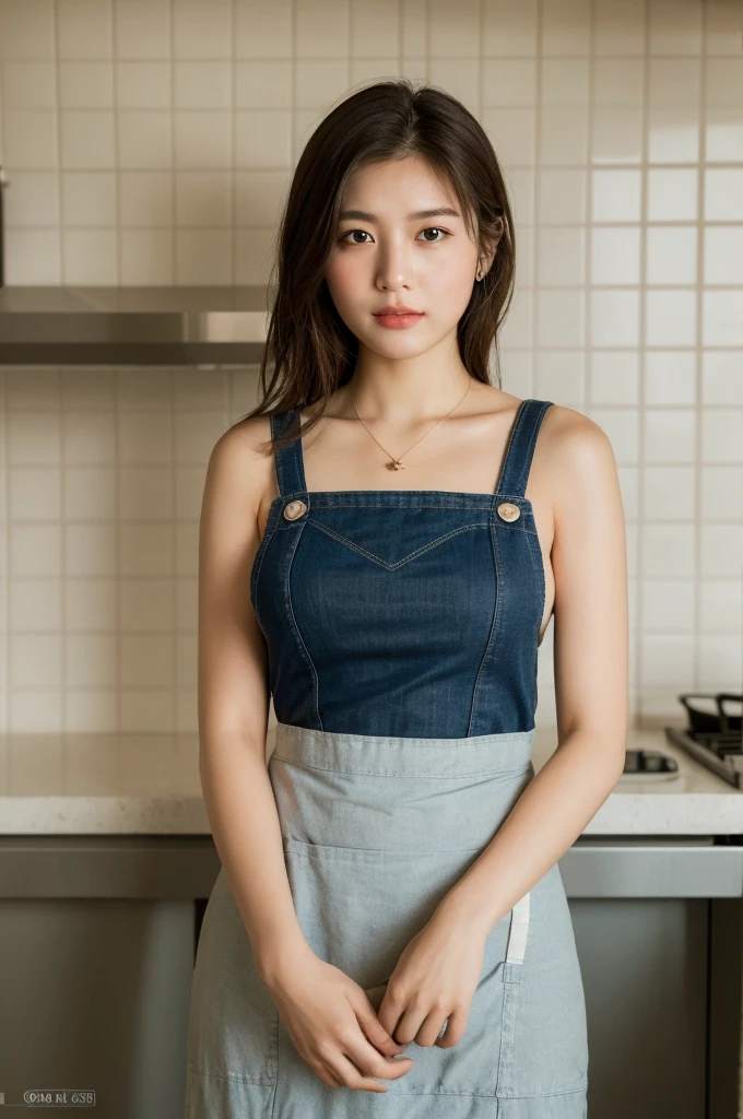 (Highest quality, 8K, masterpiece: 1.3), Beautiful woman with perfect figure: 1.4, Dark brown hair, Wearing a pendant, Wearing an apron, In the kitchen, Highly detailed face and skin, Fine grain, double eyelid, Big Breasts