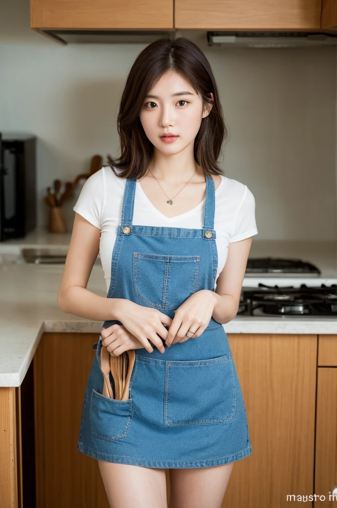 (Highest quality, 8K, masterpiece: 1.3), Beautiful woman with perfect figure: 1.4, Dark brown hair, Wearing a pendant, Wearing an apron, In the kitchen, Highly detailed face and skin, Fine grain, double eyelid, Big Breasts