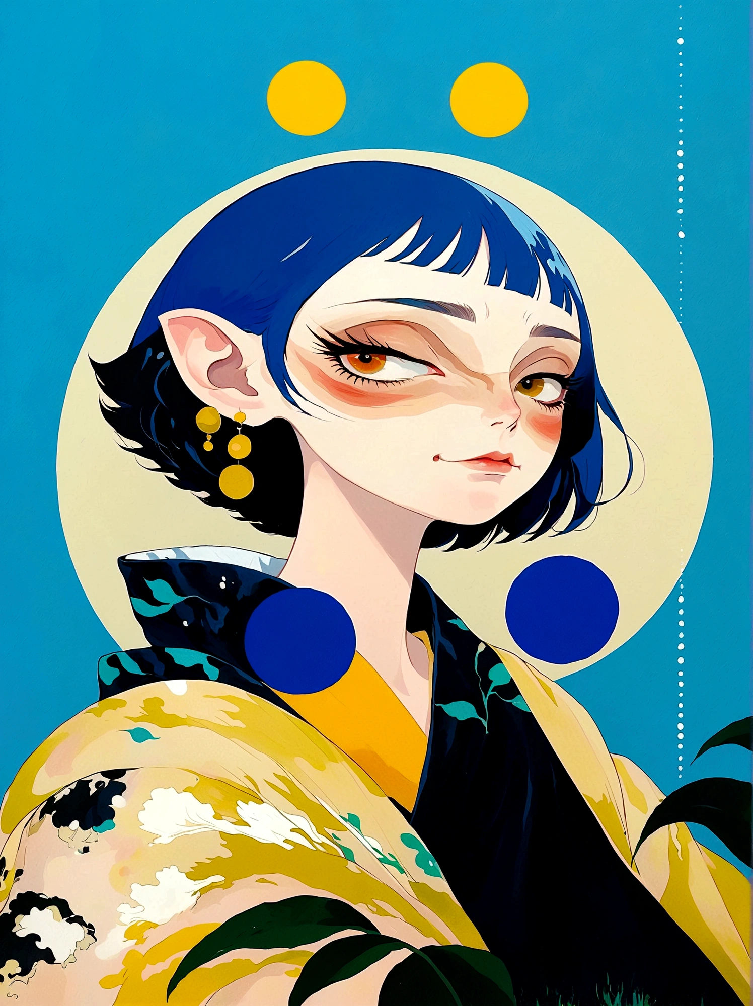 girl，Blue short hair，Japanese clothing，Japanese horror style Japanese pop surrealism,
