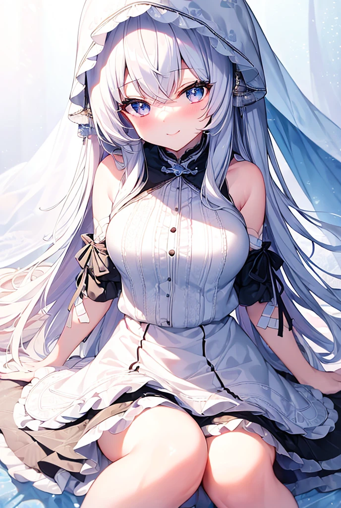 ((Highest quality)), ((masterpiece)), ((Very detailed)), (Very mature),A cute high school girl with a gentle look, white hair and about 165cm tall.,A female high school student with big breasts and a cute smile wearing a transparent black waifus with a cute patterned hood that shows off her shoulders, 顔が若干縦方向に長いbright笑顔の女性,Small Faced Woman,alone, Cute attitude,(background(bright),Long Hair - Straight,Knee-high socks、A transparent white veil with a cute pattern and a hood with white off-the-shoulders,White wall、Sitting、Facing the viewer、縁に模様がある壁が1面のbackground