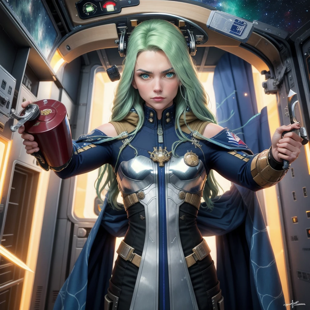 (1men,solo), star marine, futuristic blue metallic chrome armor, Star Marine emblem marked starMarine with icon on shoulders, futuristic assault rifle in hand, stealth sword on back, blue eyes, shiny green hair,

In a space station, view of space, surrounding ship,

no helmet, no sword