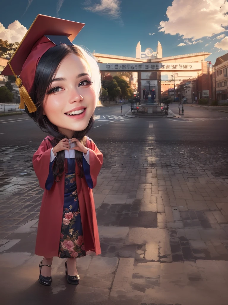 arafed woman in graduation gown and cap with a graduation cap on her head, Beautiful sky and clouds, chibi, graduation photo, profesional photo, post graduate, wearing an academic gown, potrait, profesional photography, student, photoshot, by Abidin Dino, full protrait, in cartoon style, realism artstyle, protrait, photography photorealistic, professional foto