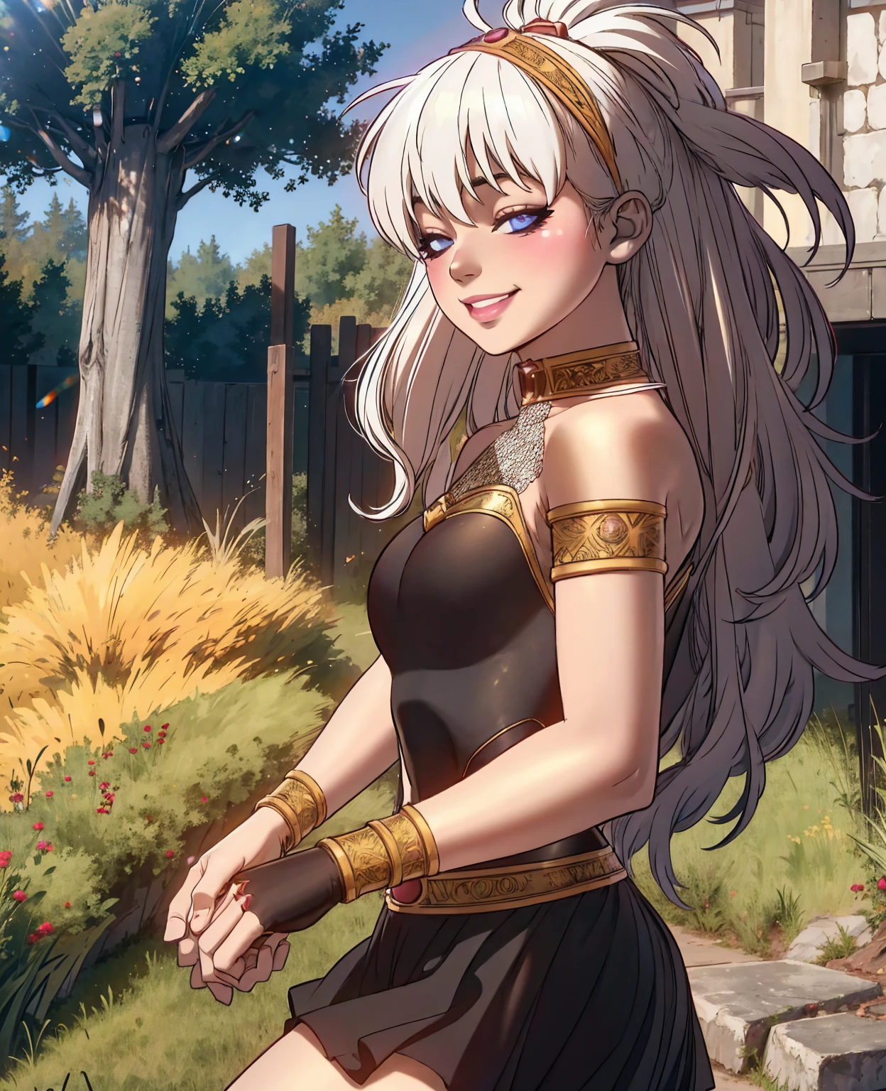 (grainy:0.5), cinematic, girl,native american,fantasy,(solo:1.3), detailed eyes, detailed face, detailed native american clothing , volumetric lighting, dusk, extremely detailed background, standing next to tree, smiling, half closed eyes, tilted head, from side