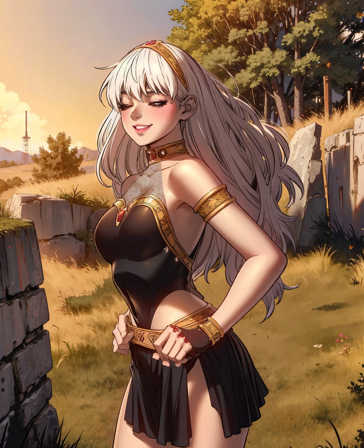 (grainy:0.5), cinematic, girl,native american,fantasy,(solo:1.3), detailed eyes, detailed face, detailed native american clothing , volumetric lighting, dusk, extremely detailed background, standing next to tree, smiling, half closed eyes, tilted head, from side