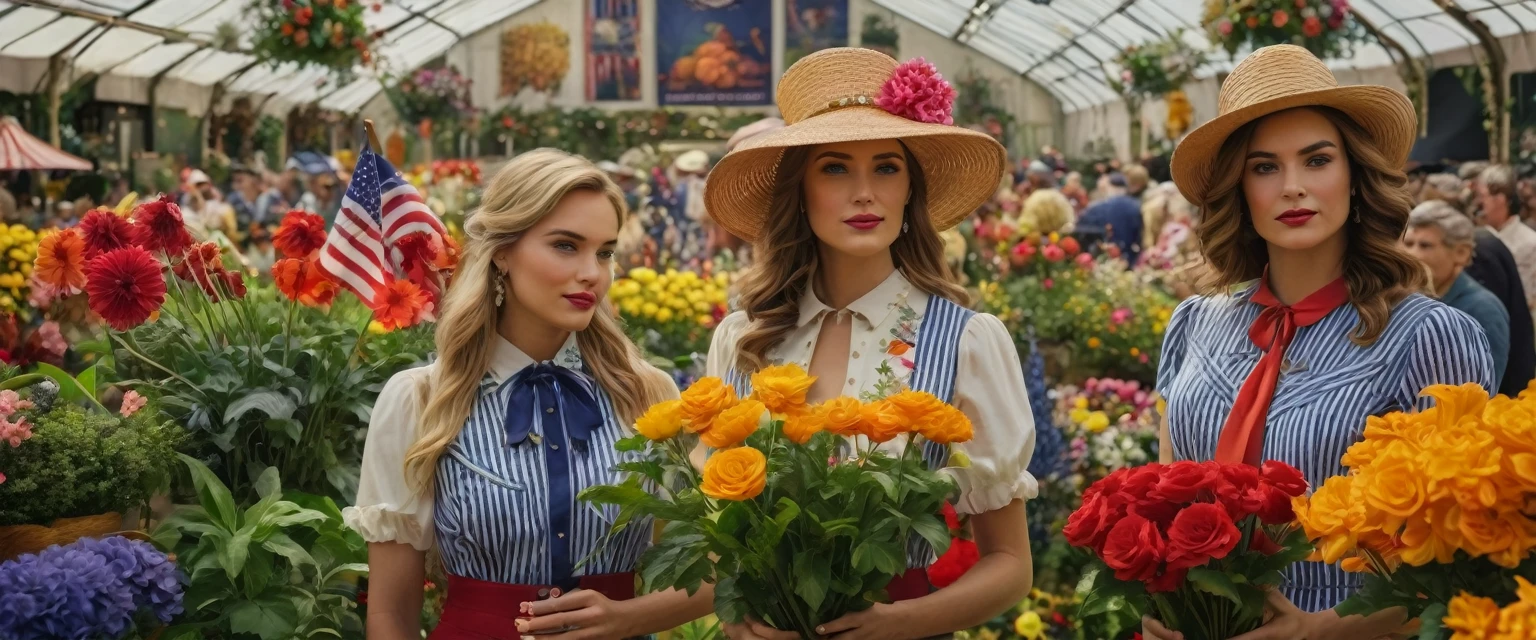 create an image demonstrating the style of ((Historical Americana)) style, hyper realism, 8k high definition, vibrant colors, sharp focus, insanely detailed, pretty girls at the flower show, 