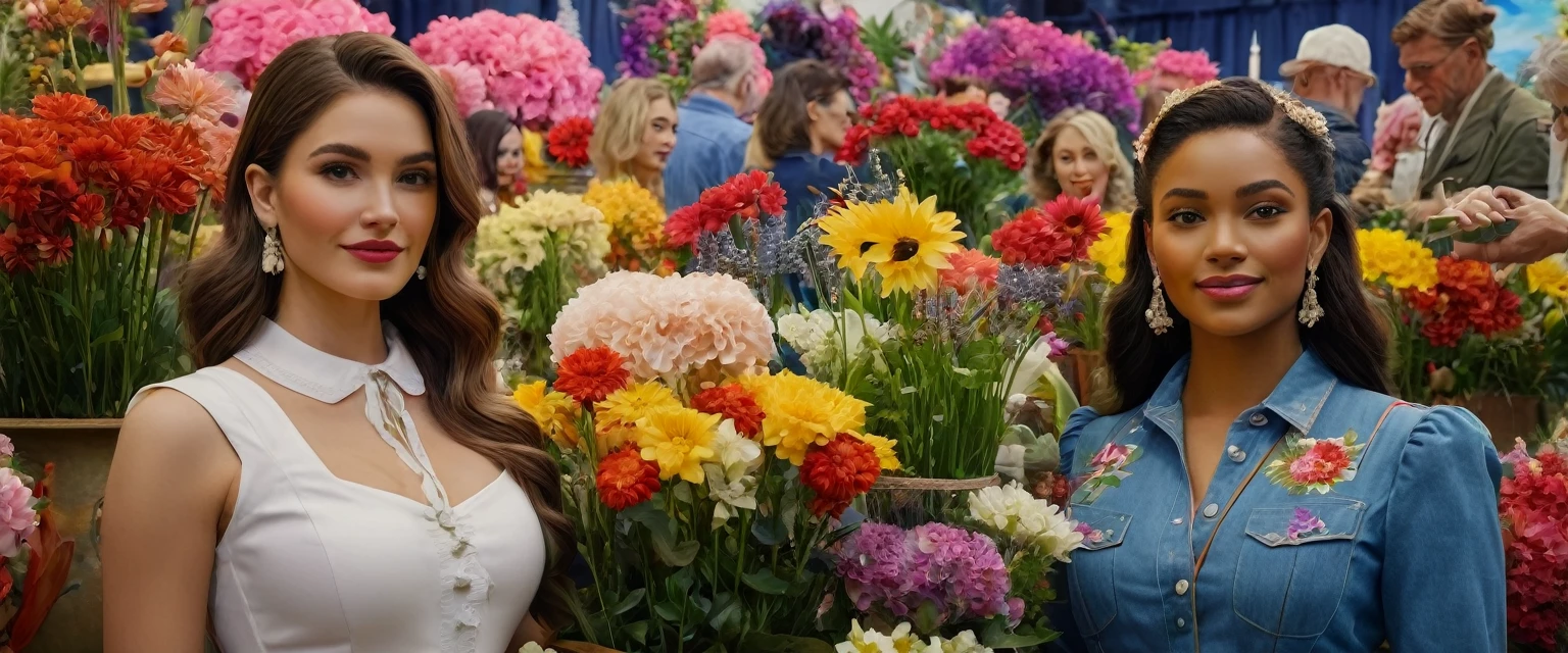 create an image demonstrating the style of ((Historical Americana)) style, hyper realism, 8k high definition, vibrant colors, sharp focus, insanely detailed, pretty girls at the flower show,