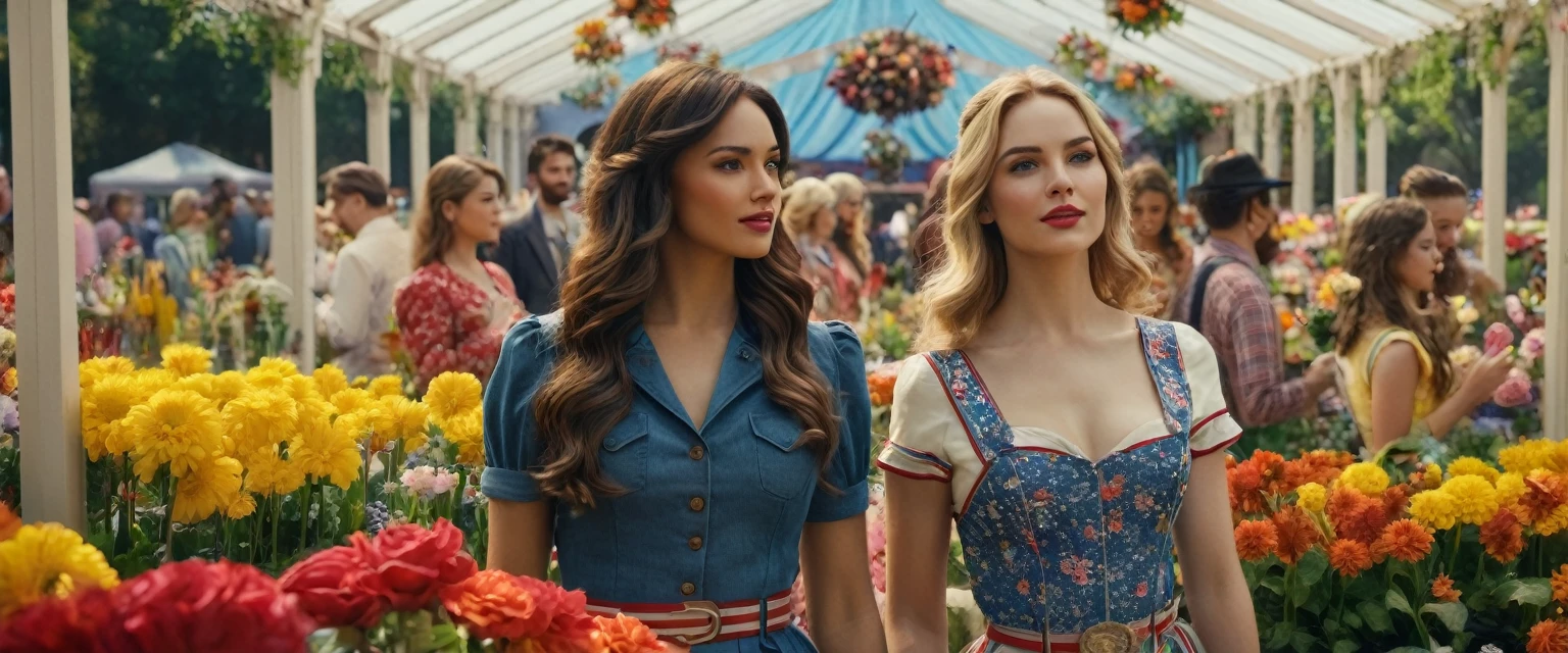 create an image demonstrating the style of ((Historical Americana)) style, hyper realism, 8k high definition, vibrant colors, sharp focus, insanely detailed, pretty girls at the flower show,