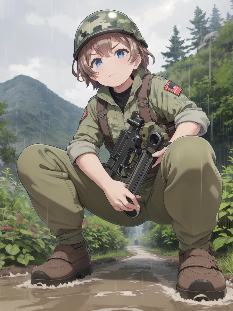 high quality,masterpiece,************,blue eyes,Outdoor,顔 focus,Brown Hair, short hair, Military camouflage uniform,Green helmet,heavy rain,In the mountains,cloudy,Muddy clothes,He has a gun,Crawling on the ground,Point the gun this way,serious,Ruthless eyes,from below,Intense gunfight