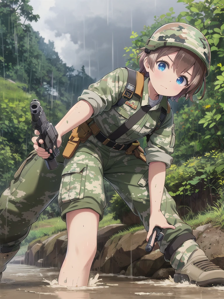 high quality,masterpiece,12 years old,blue eyes,Outdoor,顔 focus,Brown Hair, short hair, Military camouflage uniform,Green helmet,heavy rain,In the mountains,cloudy,Muddy clothes,He has a gun,Crawling on the ground,Point the gun this way,serious,Ruthless eyes,from below,Intense gunfight