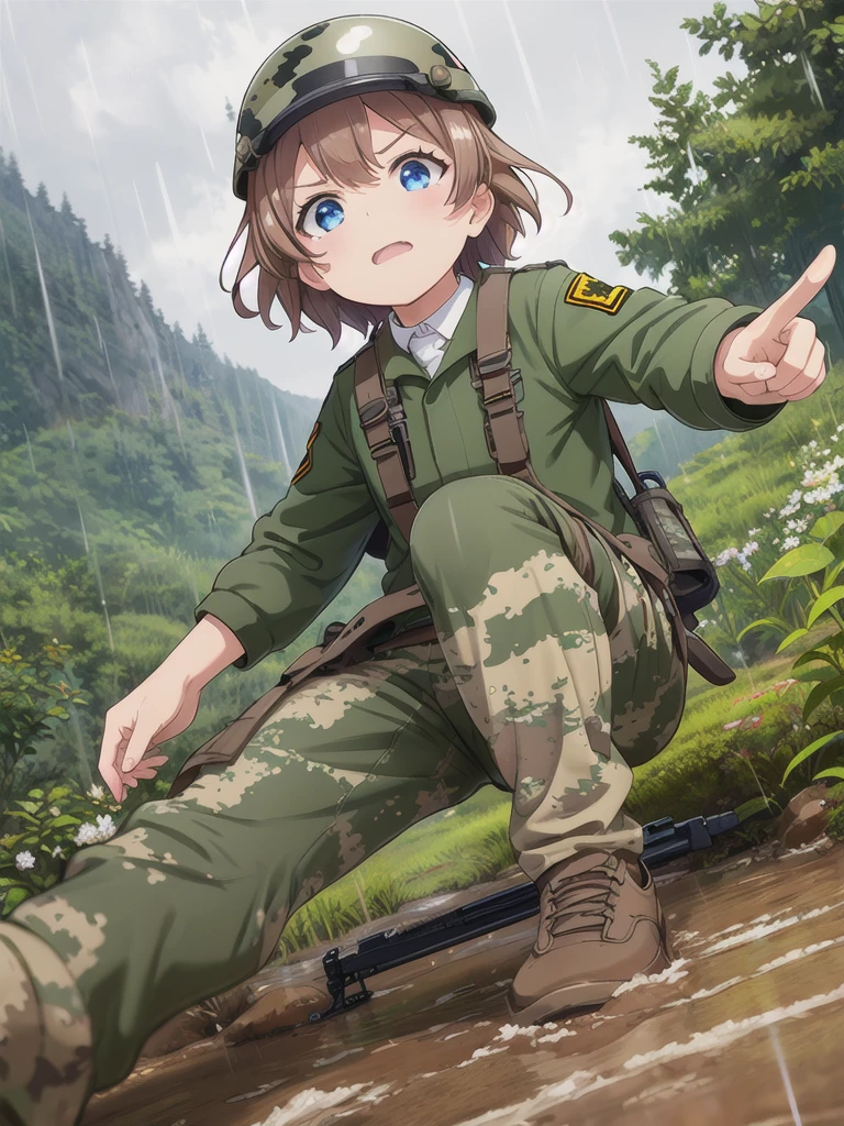 high quality,masterpiece,************,blue eyes,Outdoor,顔 focus,Brown Hair, short hair, Military camouflage uniform,Green helmet,heavy rain,In the mountains,cloudy,Muddy clothes,He has a gun,Crawling on the ground,Point the gun this way,serious,Ruthless eyes,from below,Intense gunfight