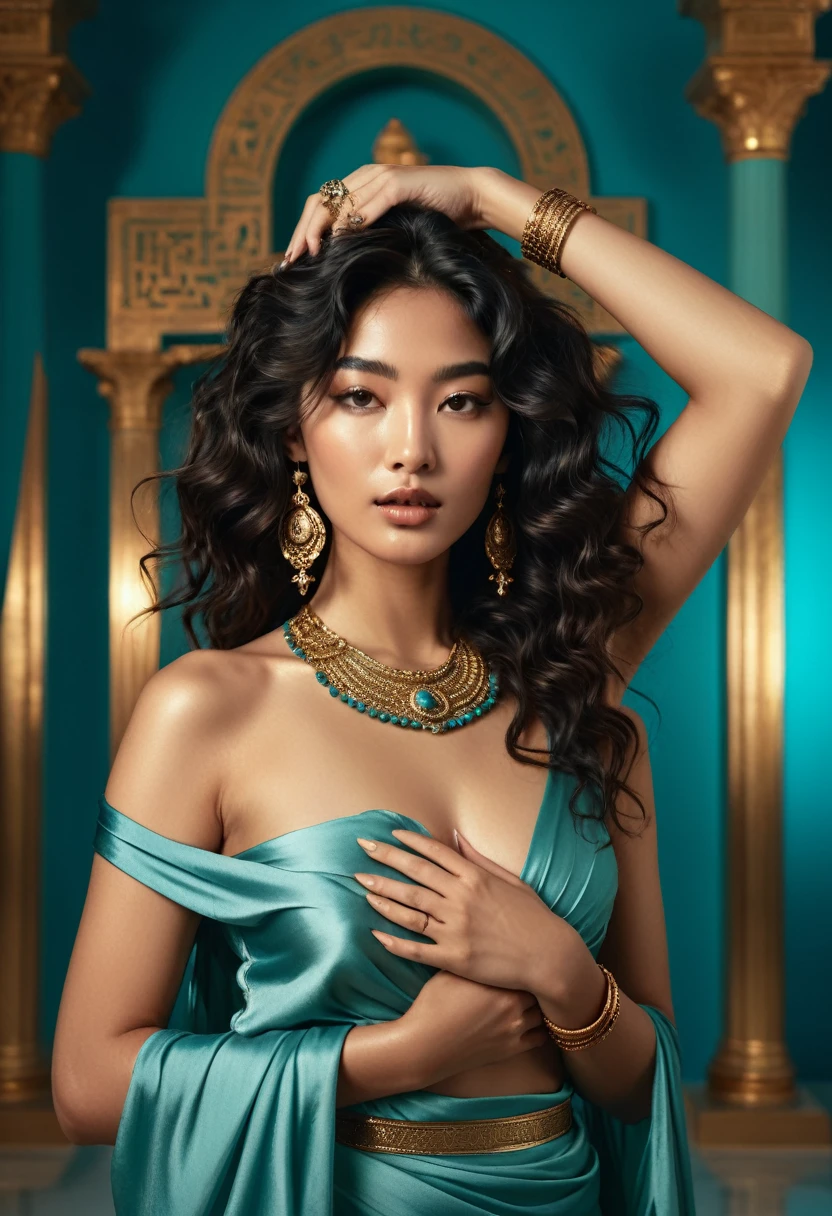 (A half-asian, asian-european, woman with black wavy hair in the style of a greek goddess. bronze skin. Aphrodite, goddess, divine aura) (teal and bronze colours) (high contrast background) (wearing ancient jewellery on upper arms, neck, wrists, fingers) (polaroid camera) (RAW photo, nikon, 8k, Super detailed, advanced details, intricate details, Super detailed) (award-winning photo, masterpiece) (in a islamic art inspired library) (flashing one breast) (lifting her skirt) (parting her long split skirt to show her long beautiful legs) (golden high heels) ((full body))