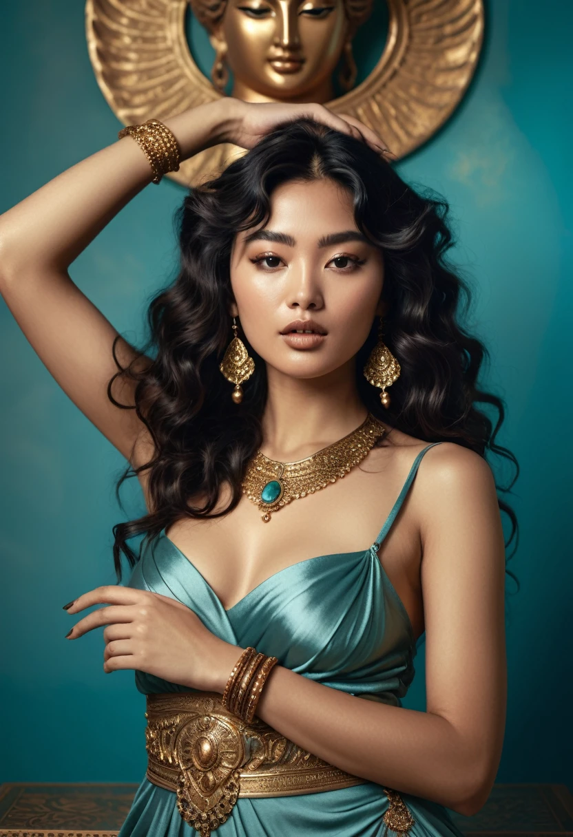 (A half-asian, asian-european, woman with black wavy hair in the style of a greek goddess. bronze skin. Aphrodite, goddess, divine aura) (teal and bronze colours) (high contrast background) (wearing ancient jewellery on upper arms, neck, wrists, fingers) (polaroid camera) (RAW photo, nikon, 8k, Super detailed, advanced details, intricate details, Super detailed) (award-winning photo, masterpiece) (in a islamic art inspired library) (flashing one breast) (lifting her skirt) (parting her long split skirt to show her long beautiful legs) (golden high heels) ((full body))